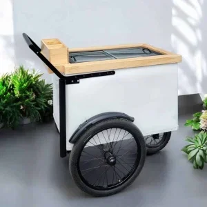 Tall Standard Size White with Black trim Popsicle Cart with Sliding Glass Doors and Bicycle Tires