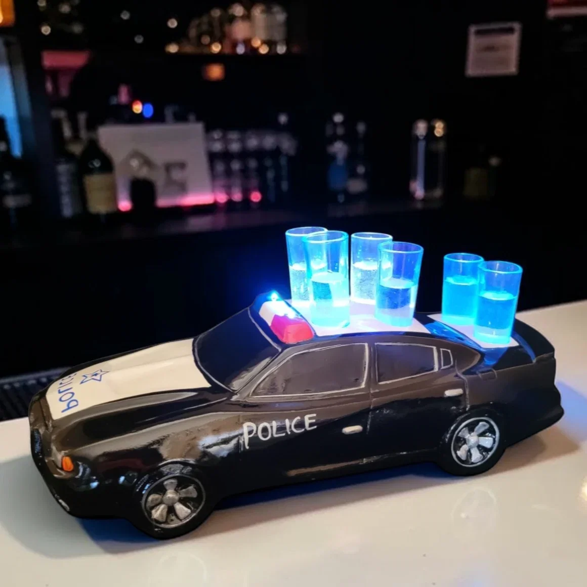 Police Car Tequila Shot Flight Tray with LED Lights – 6 Shot Glass Holder for Bars, Bottle Service, Parties & Events