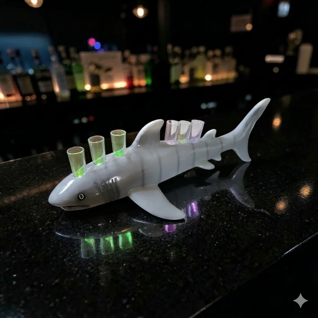 Fiberglass Shark Shot Tray with LED Lights – Bottle Service Shot Tray for Bars, Restaurants, Mariscos & Nightclubs – 6 Shot Glass Holder